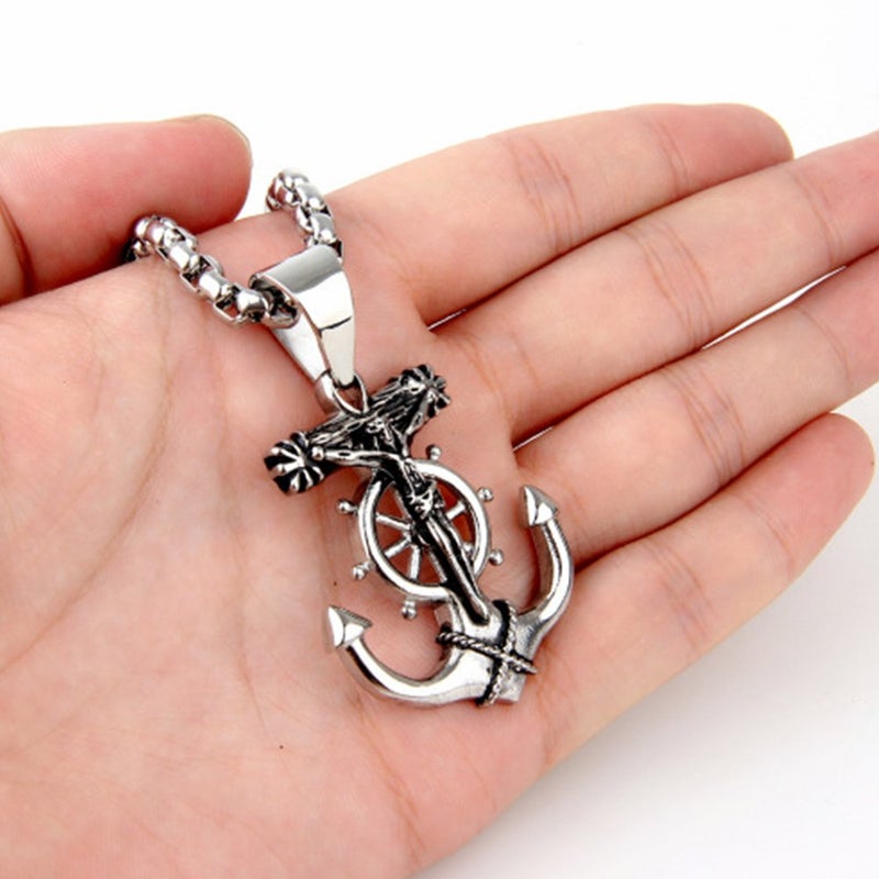 JAJAFOOK Men's Stainless Steel Silver Nautical Anchor Jesus Cross Necklace Chain Link - Image 2